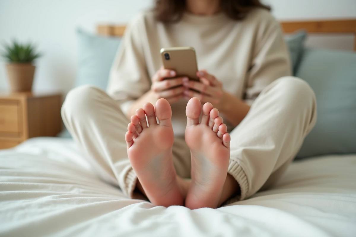 Jeune femme assise sur son lit photographiant ses pieds nus avec un smartphone pour les vendre en ligne