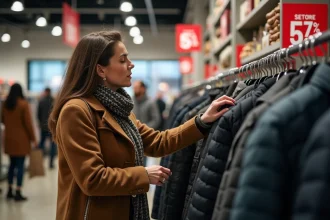 Femme d'âge moyen examine des manteaux d'hiver en magasin