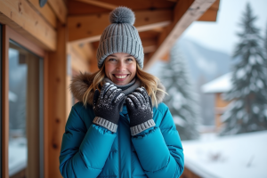 Jeune femme en veste d'hiver et bonnet dans la neige