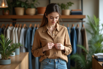 Femme examinant une étiquette de vêtement dans une boutique écologique
