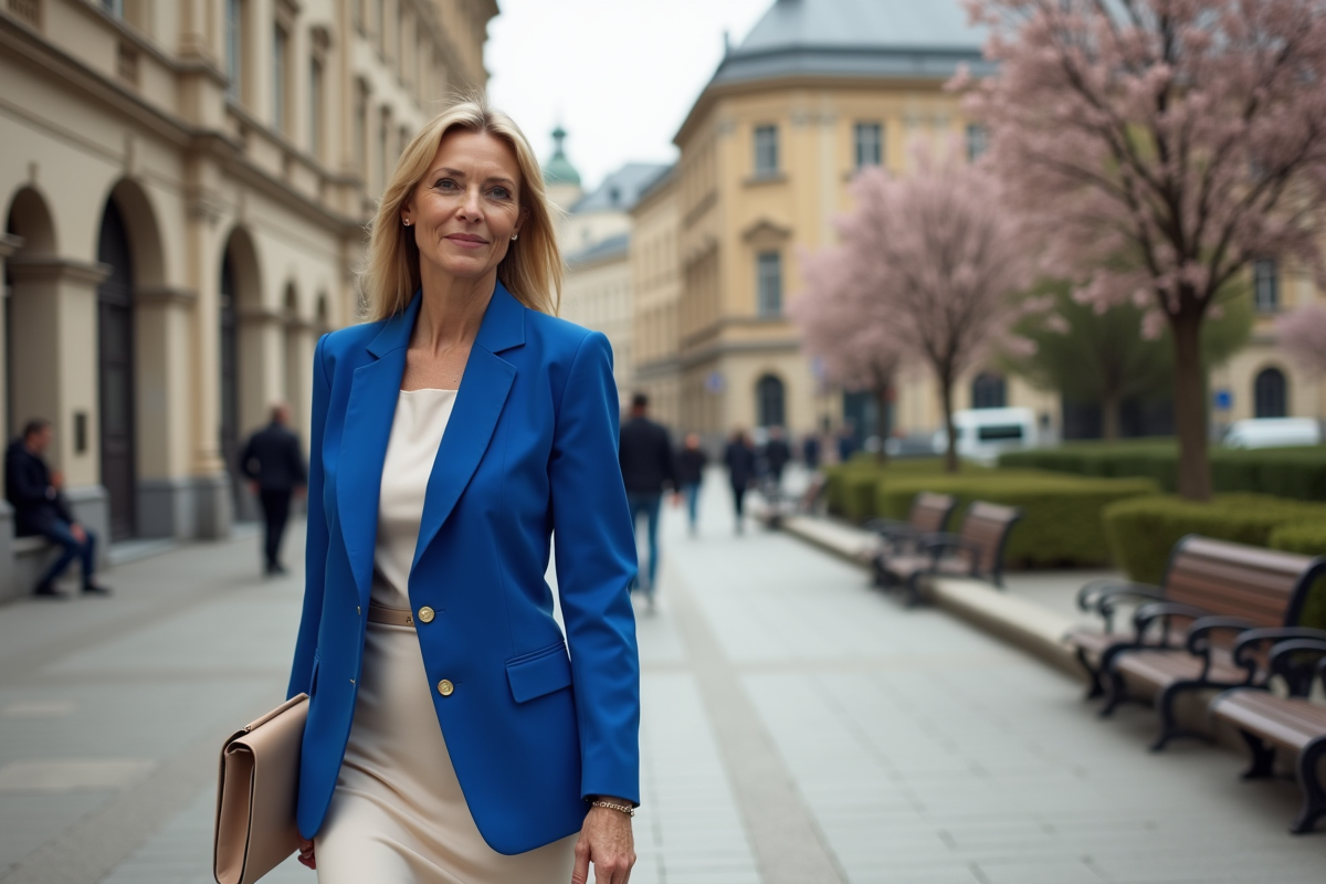 Femme confiante en blazer bleu et robe dans une place urbaine