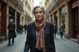 Femme élégante de 60 ans avec foulard vintage dans une rue européenne