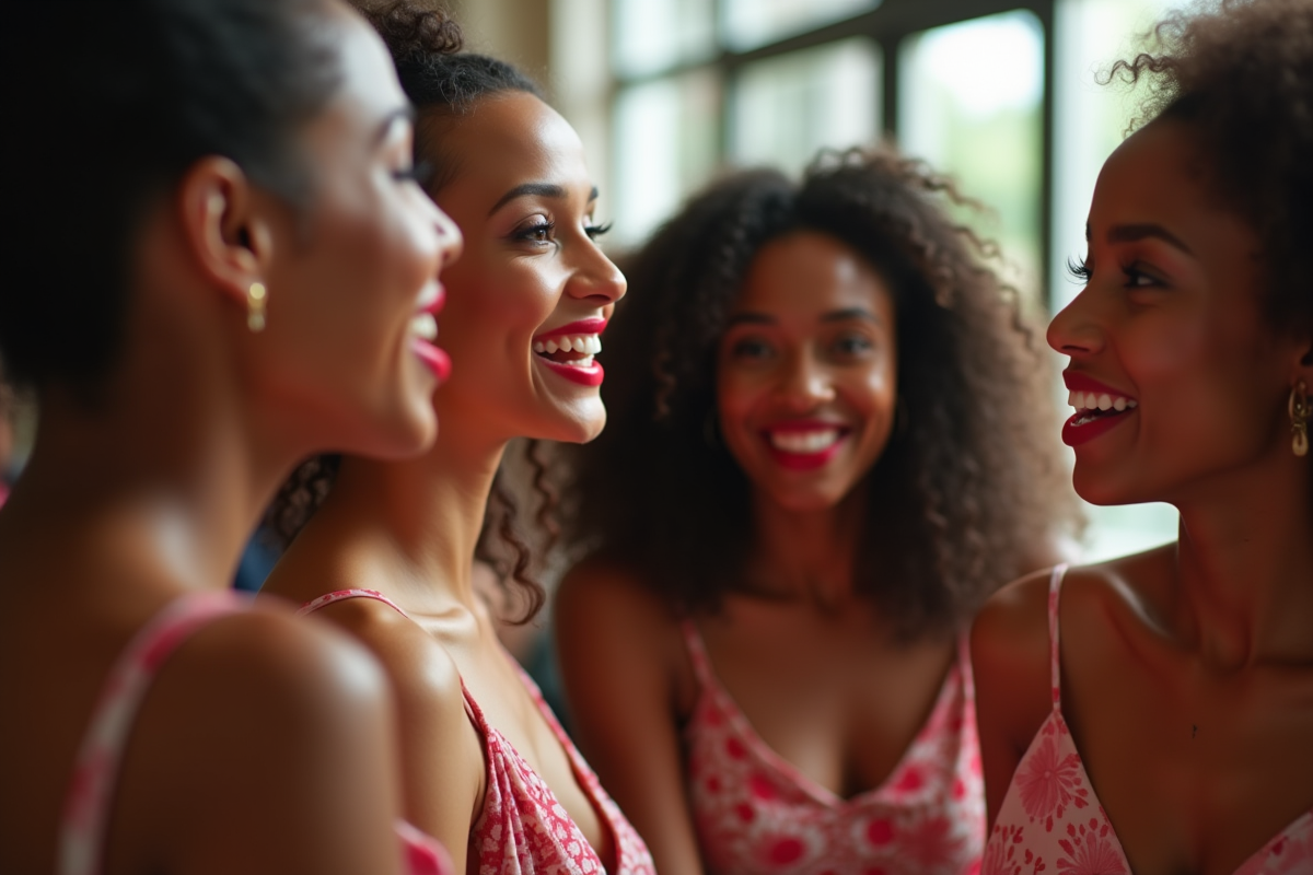 Femmes souriantes portant rouge à lèvres lors d