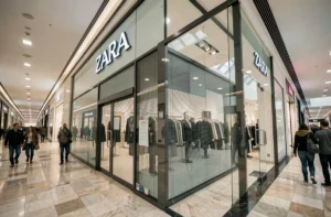 Vitrine d'un magasin Zara fermé dans un centre commercial avec volets baissés et avis de fermeture affiché sur la porte en verre