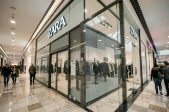 Vitrine d'un magasin Zara fermé dans un centre commercial avec volets baissés et avis de fermeture affiché sur la porte en verre