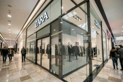 Vitrine d'un magasin Zara fermé dans un centre commercial avec volets baissés et avis de fermeture affiché sur la porte en verre