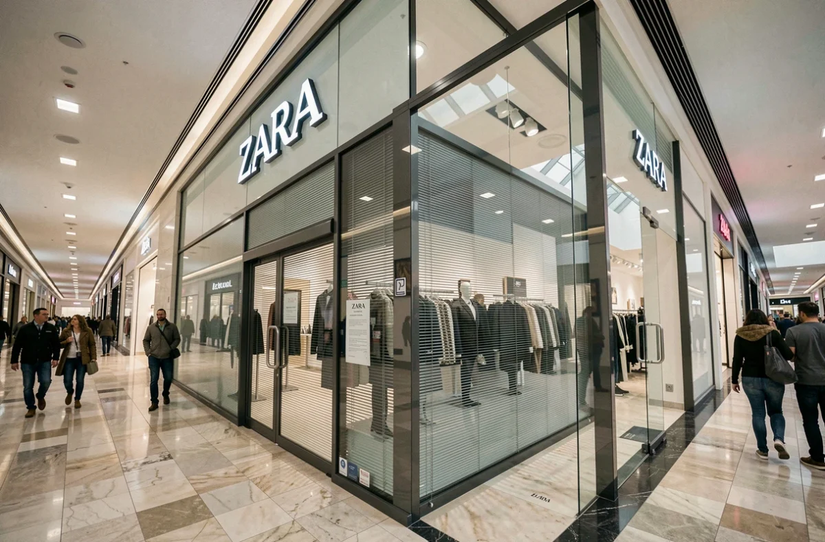 Vitrine d'un magasin Zara fermé dans un centre commercial avec volets baissés et avis de fermeture affiché sur la porte en verre