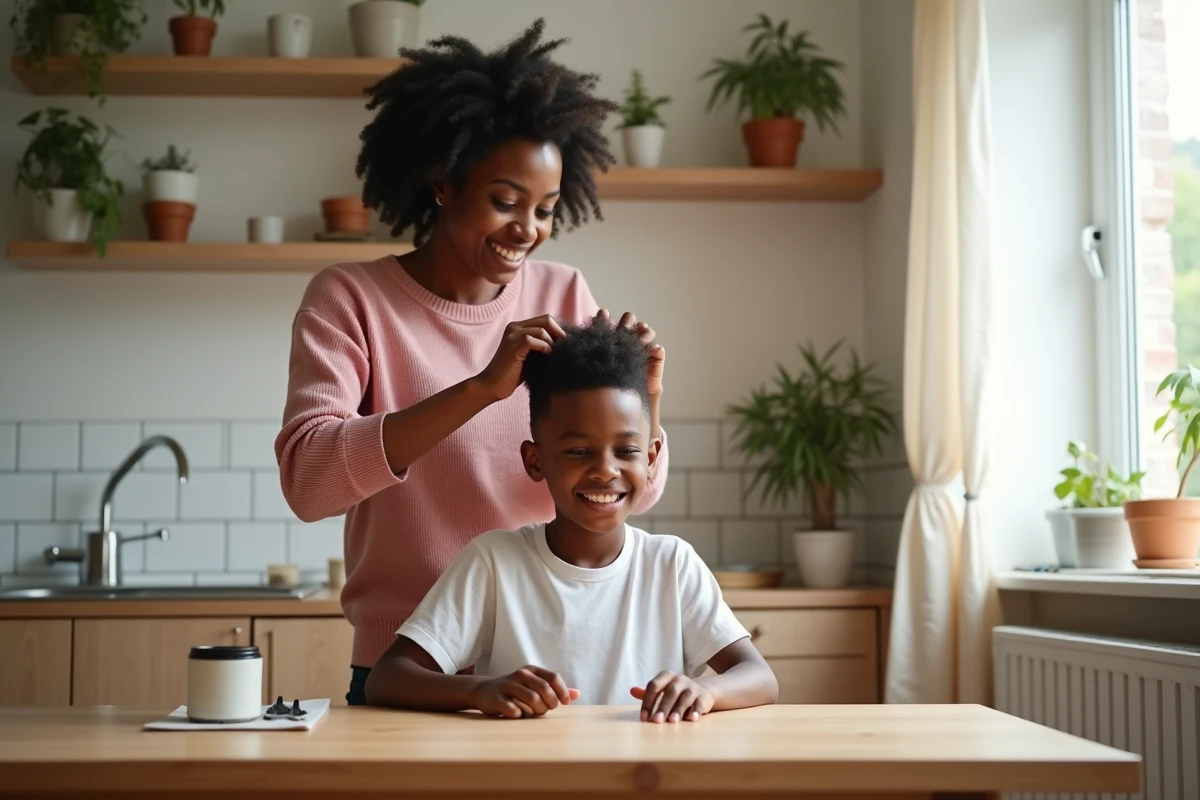 Fille aidant son fils à entretenir sa coupe à la cuisine