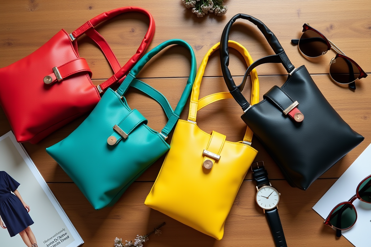 Disposition de sacs banane colorés avec accessoires mode