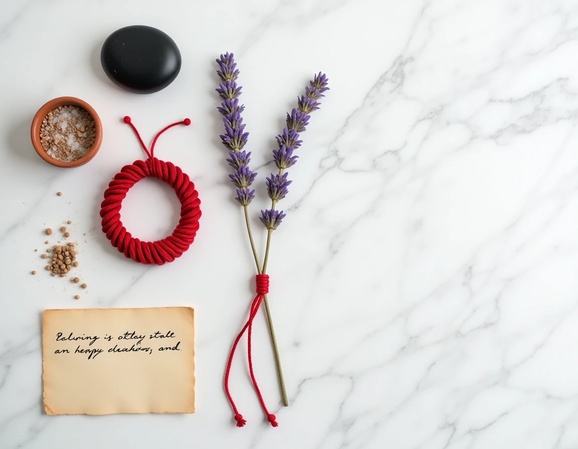 Flat lay d'un bracelet fil rouge 7 nœuds avec lavande, obsidienne et sel marin pour purification