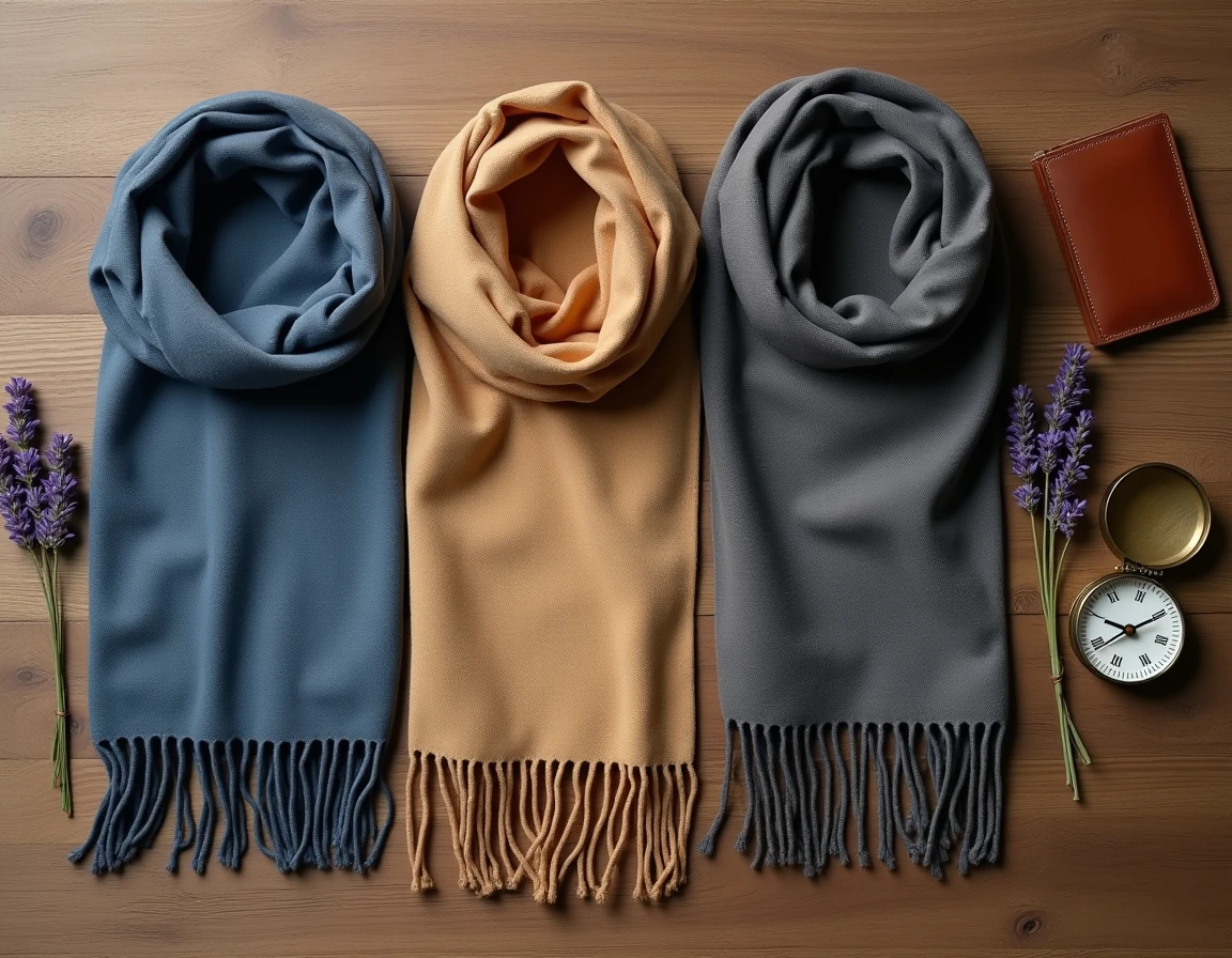 Flat lay de trois foulards ch&egrave;ches coloris diff&eacute;rents avec accessoires de style sur bois naturel