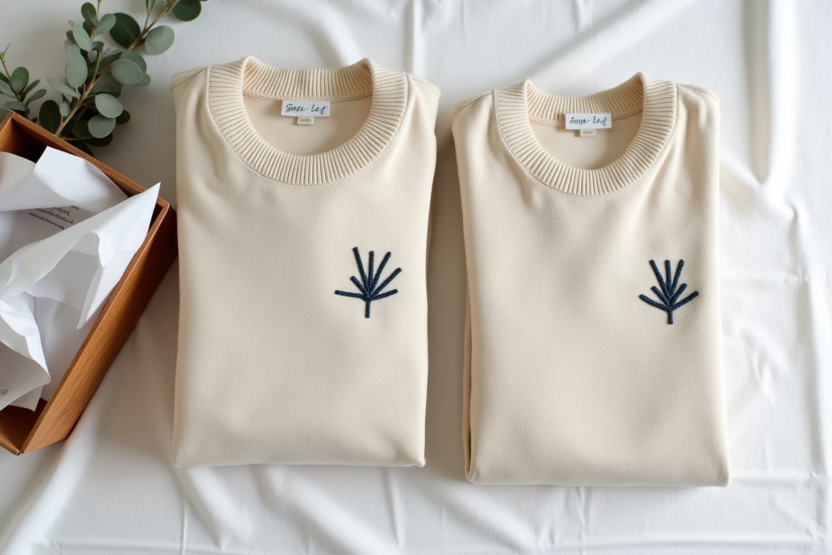 Pulls personnalisés minimalistes pour couple présentés en flat lay avec broderie coordinée cadeau sobre et élégant