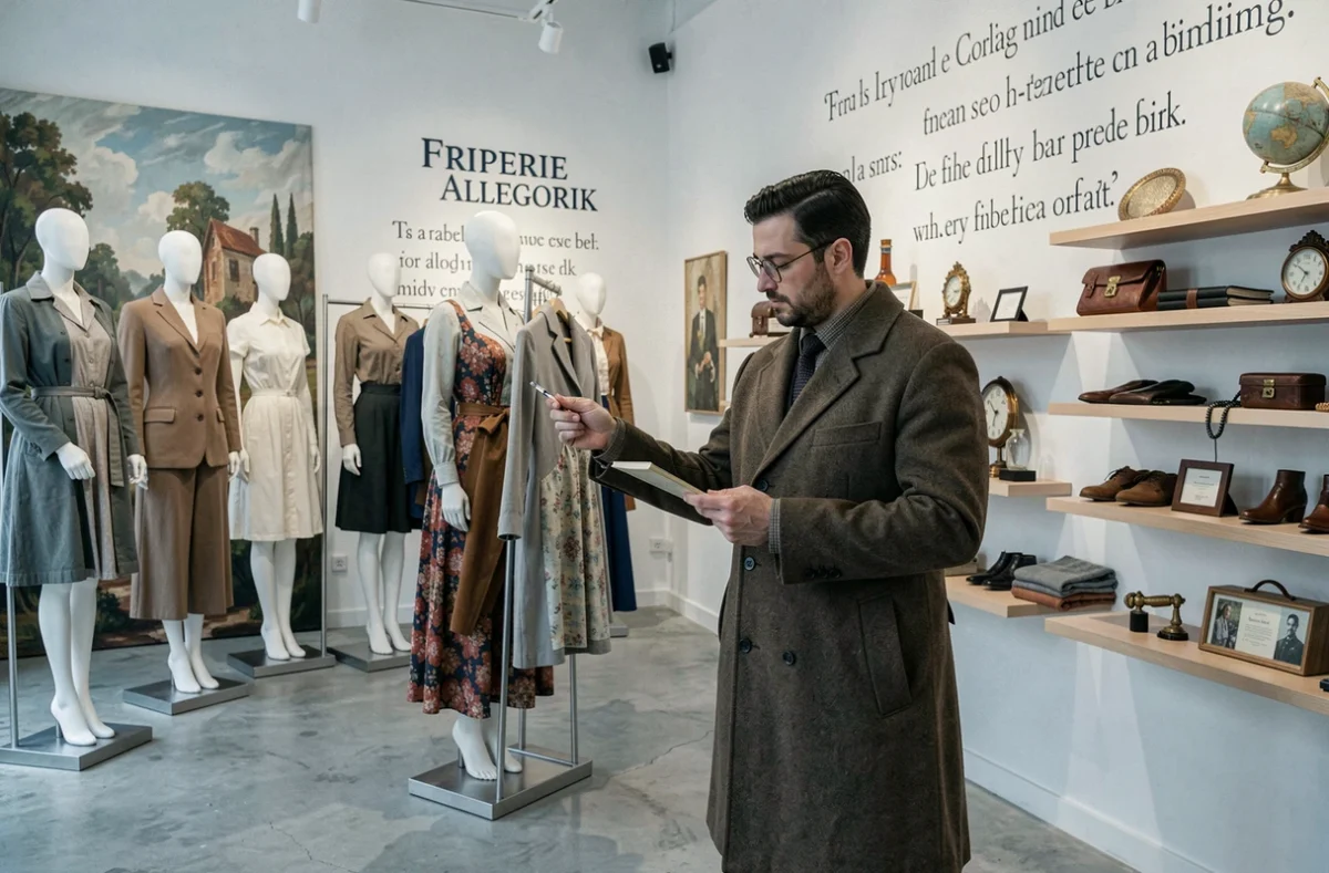 Boutique artistique Friperie Allegorik avec des installations de vêtements vintage et un client en manteau structuré