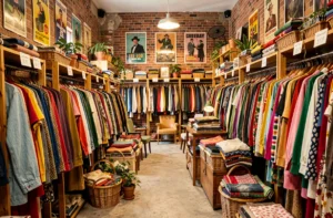 Intérieur coloré d'une friperie alsacienne avec des portants chargés de vêtements vintage et des murs en brique