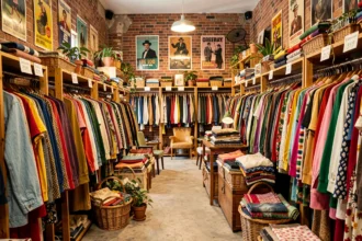 Intérieur coloré d'une friperie alsacienne avec des portants chargés de vêtements vintage et des murs en brique