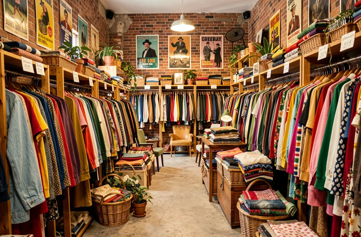Intérieur coloré d'une friperie alsacienne avec des portants chargés de vêtements vintage et des murs en brique