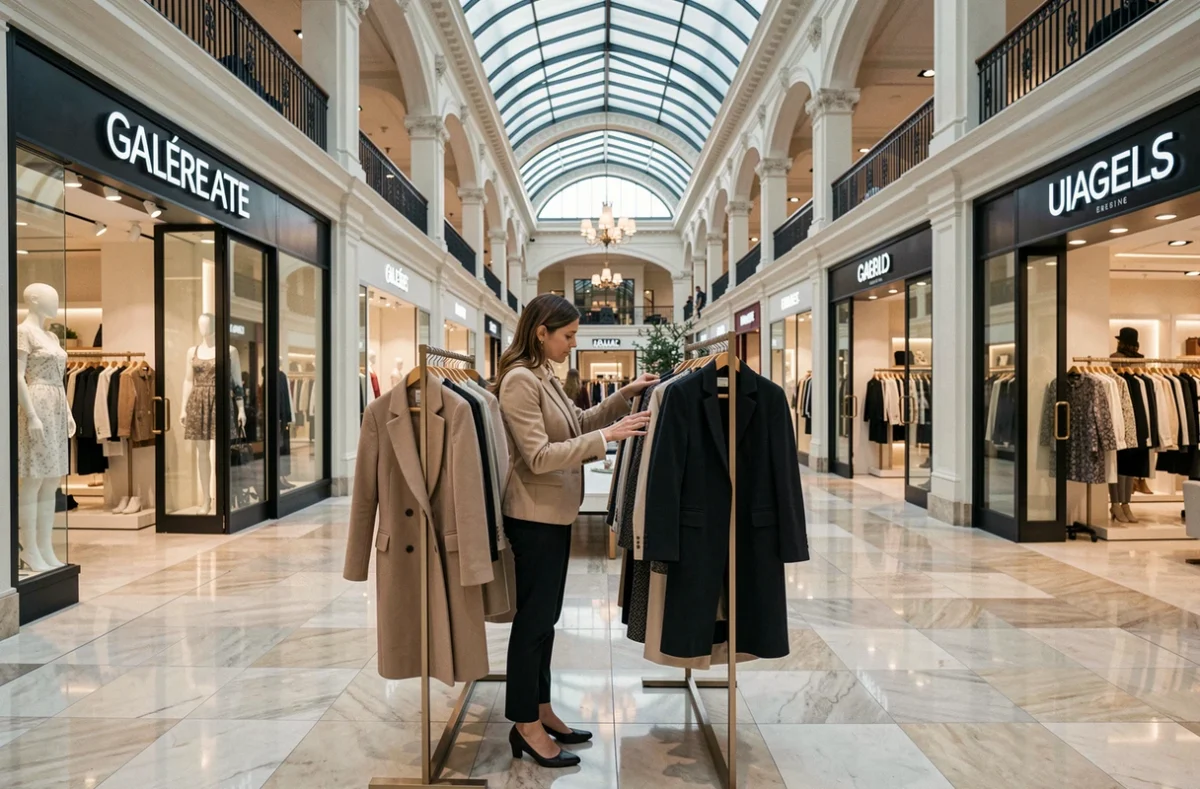 Intérieur des Galeries Lafayette de Chalon-sur-Saône avec une cliente examinant des vêtements de marque dans un rayon mode élégant