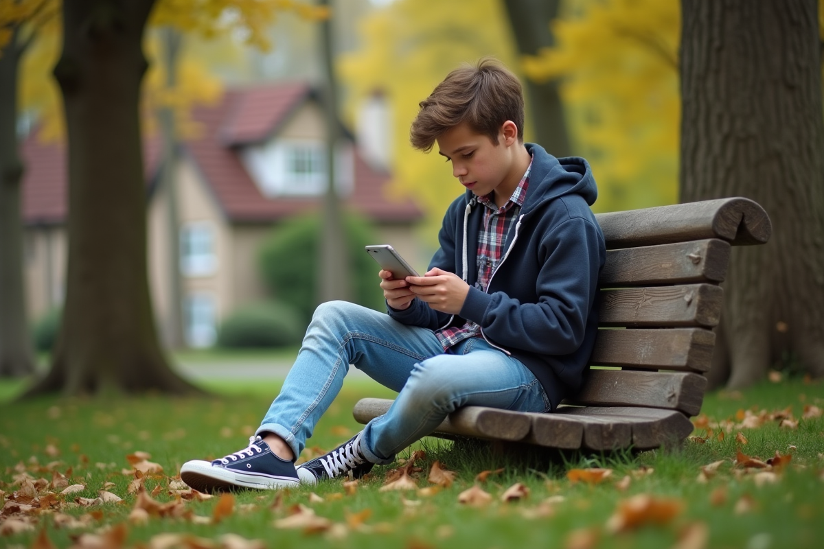 Garçon assis dans un parc avec téléphone et nature