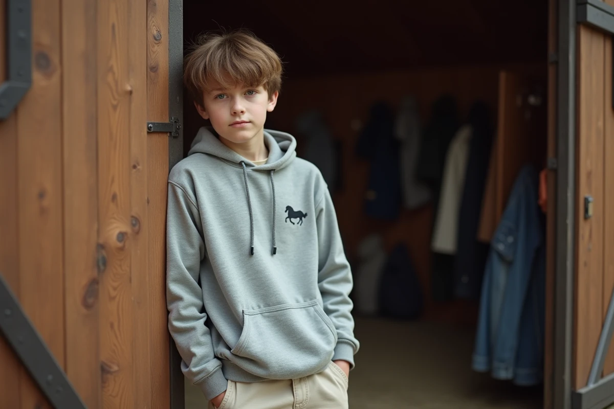 Garçon en sweat à capuche dans une écurie