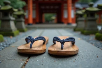 Paire de geta traditionnelles japonaises en bois de paulownia posées sur une marche de pierre à l'entrée d'un sanctuaire shinto