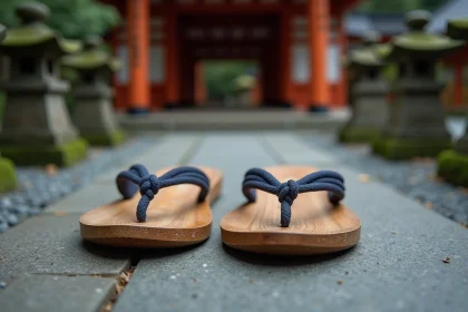Paire de geta traditionnelles japonaises en bois de paulownia posées sur une marche de pierre à l'entrée d'un sanctuaire shinto