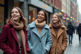 Groupe d'hommes et femmes en tenues d'hiver colorées dans la rue