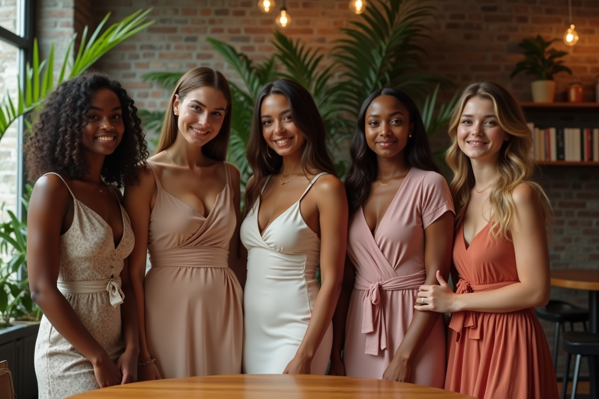 Groupe de femmes en robes dans un café cosy