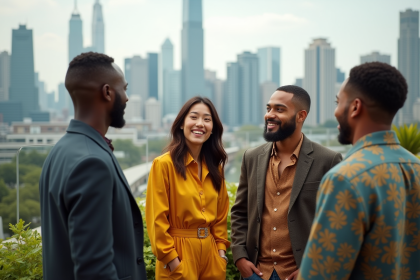 Groupe de jeunes adultes dans un jardin urbain sur un toit