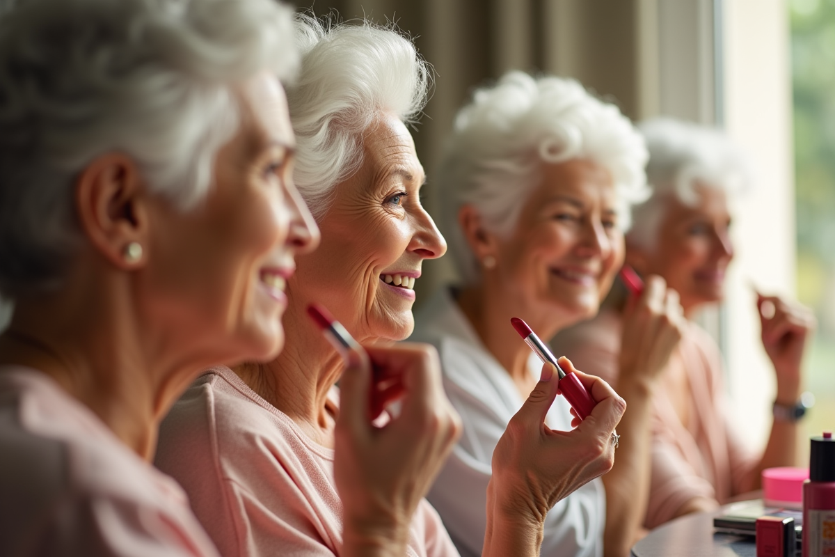 Femmes seniors partageant astuces maquillage ensemble