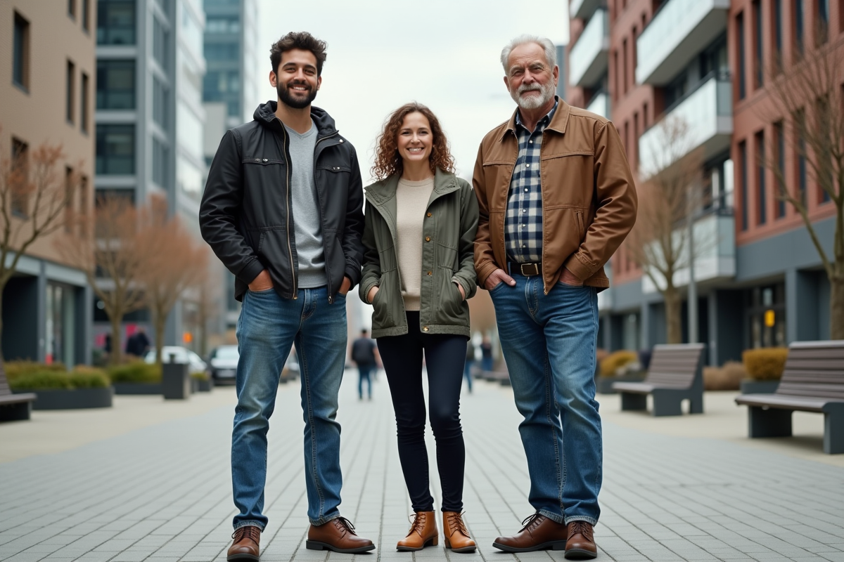 Groupe de trois personnes portant différentes chaussures en ville