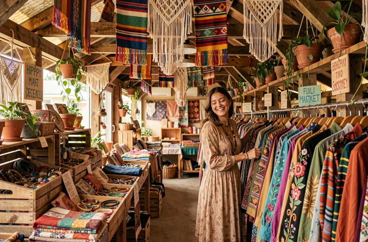 Marché friperie Hippy Market avec des vêtements bohèmes colorés, des tapisseries et une cliente en robe fluide vintage