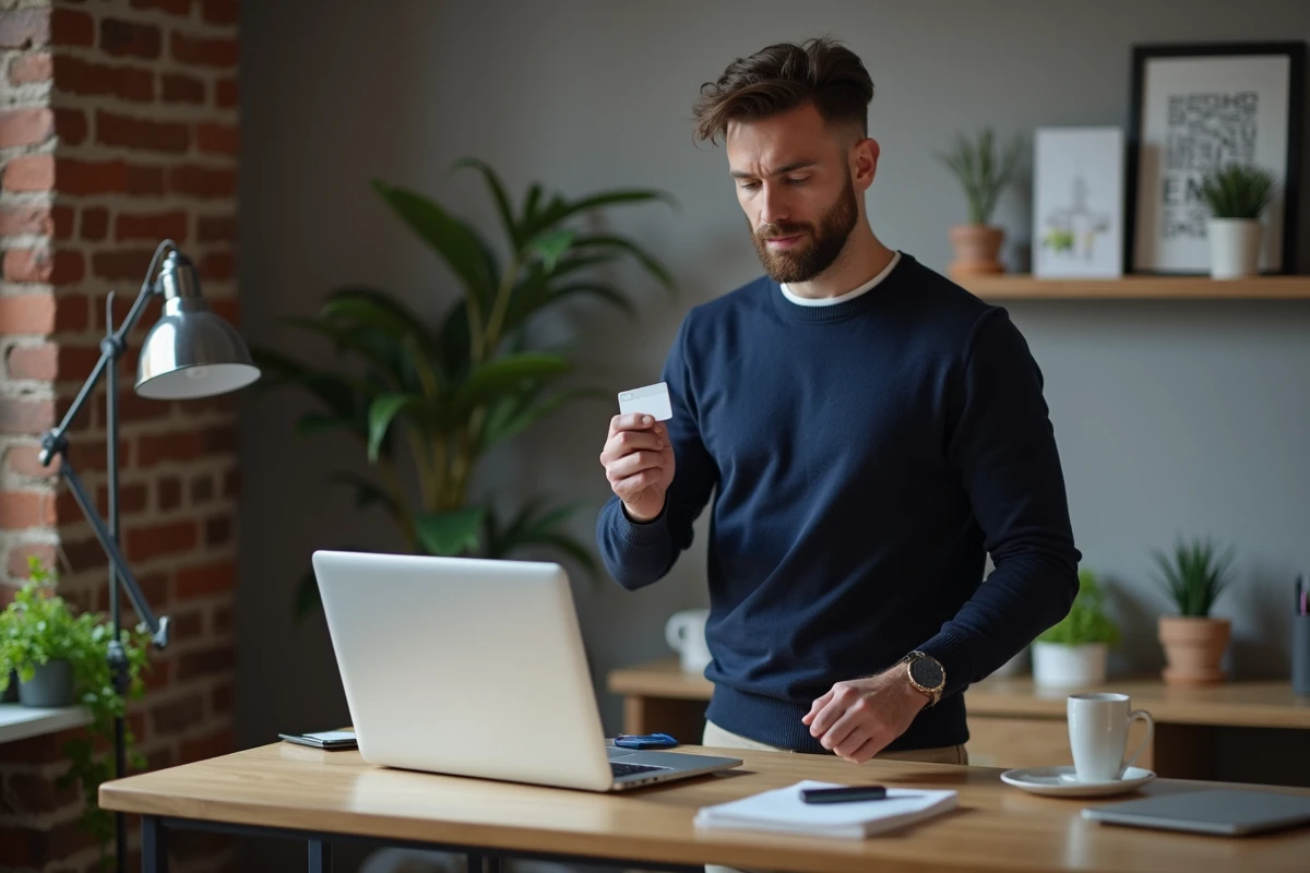 Homme effectuant un achat en ligne sur The Bradery depuis son bureau à domicile pour profiter des meilleures promotions
