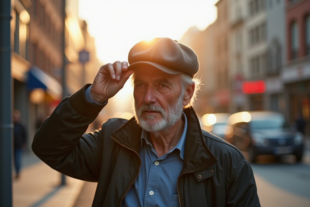 Homme ajustant sa casquette en marchant en ville ensoleillee