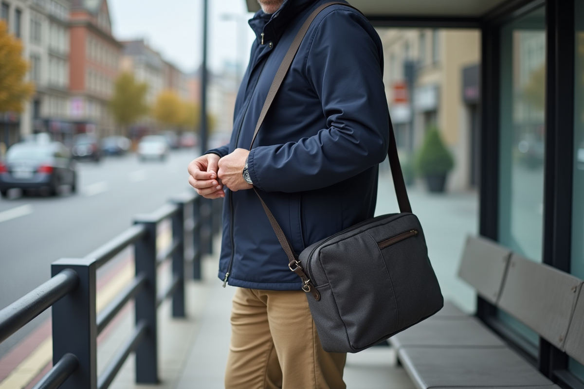 Homme ajustant son sac à la station de bus en ville