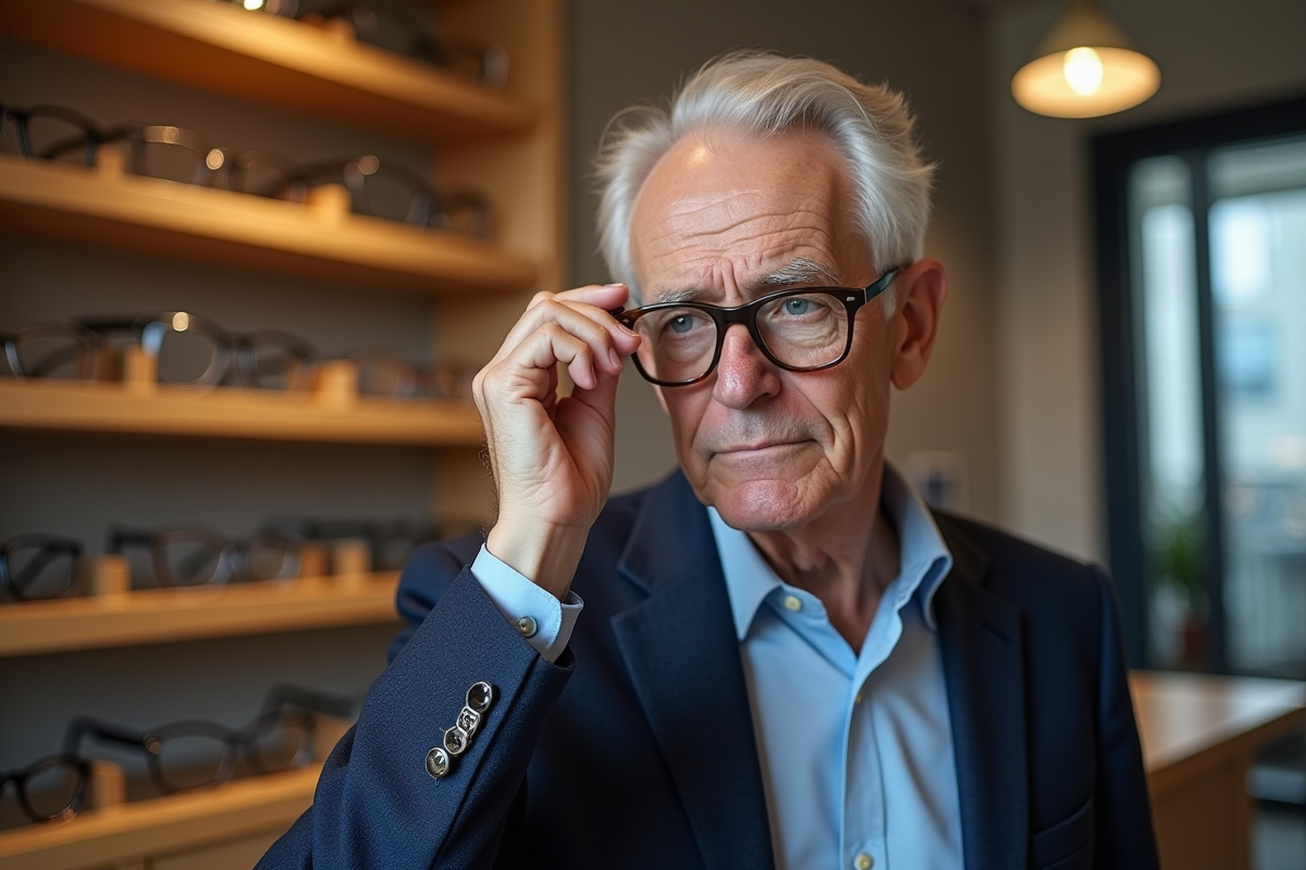 Homme âgé essayant différentes lunettes dans une boutique