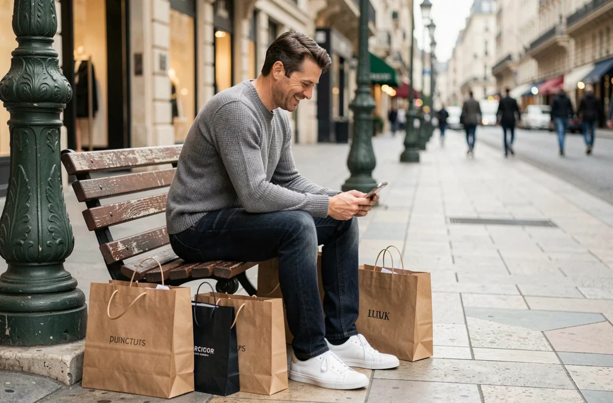 Homme assis sur un banc des Champs-Élysées avec des sacs de shopping après des achats à petit budget