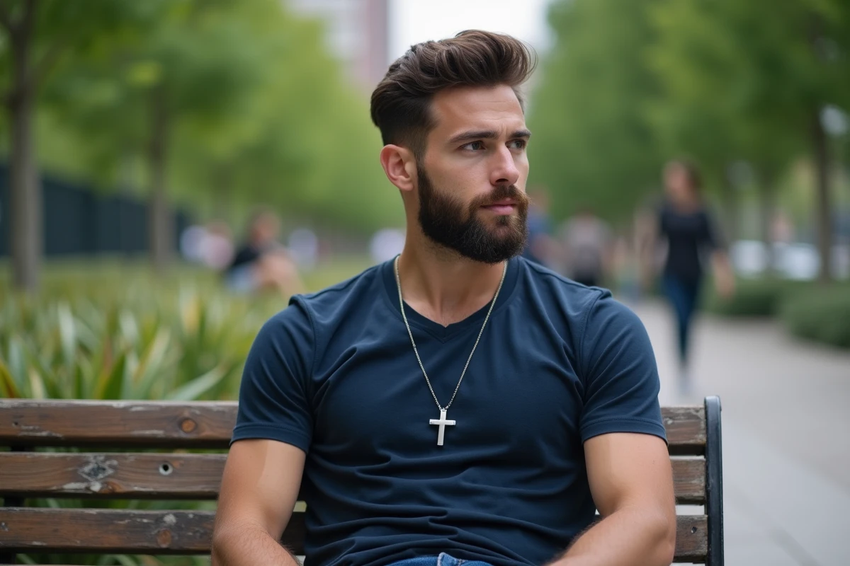 Homme barbu en t-shirt navy dans un parc urbain