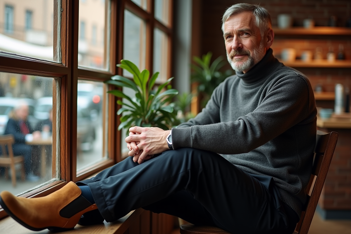 Homme assis dans un café avec bottines en daim