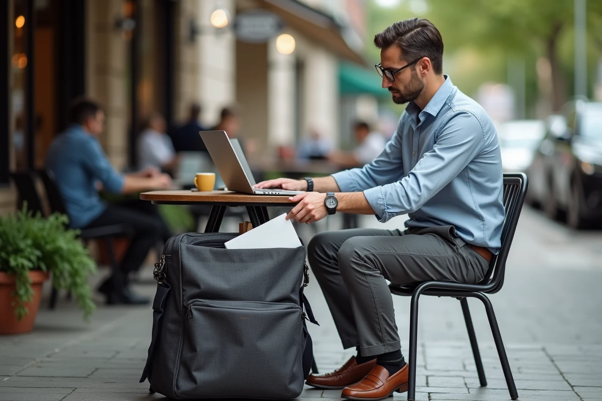 Homme déballant documents et ordinateur dans un café en ville