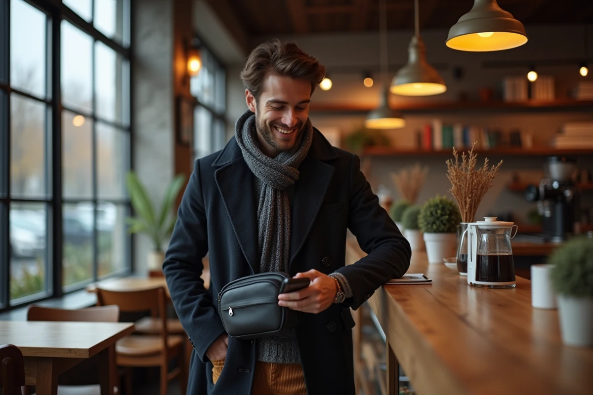 Homme dans un café portant un sac à la mode