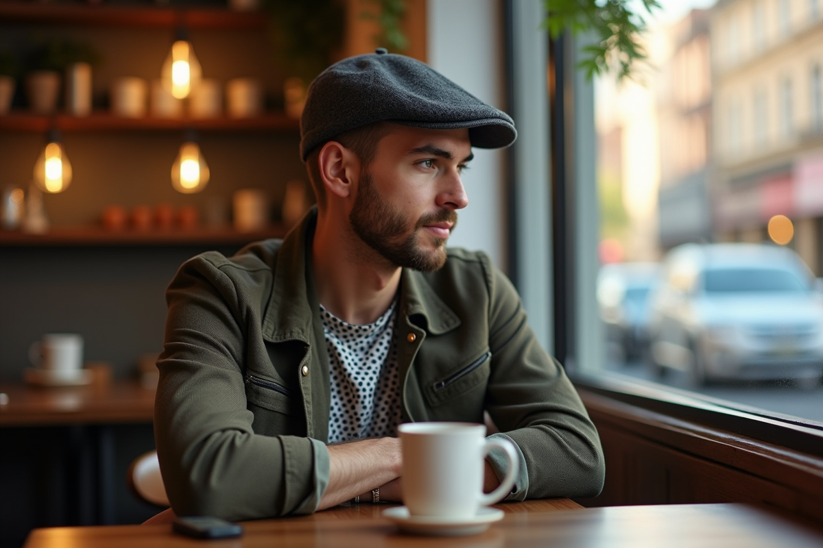 Homme moderne assis dans un café ensoleille avec un chapeau