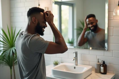 Homme noir en t-shirt coiffant sa coupe dans la salle de bain