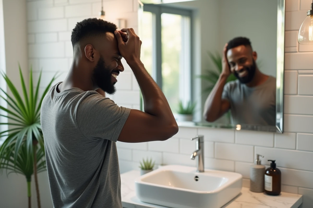 Homme noir en t-shirt coiffant sa coupe dans la salle de bain