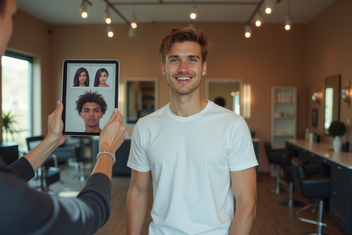 Jeune homme dans un salon de coiffure avec un styliste