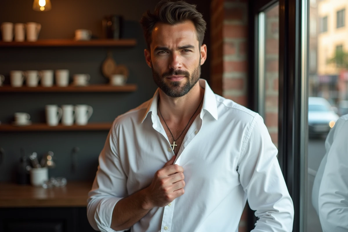 Homme rasé ajustant son collier croix devant un café