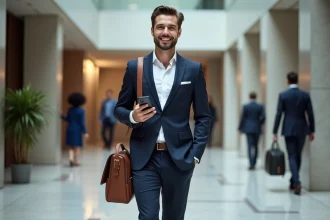 Homme en costume dans un lobby moderne avec sac à main en cuir