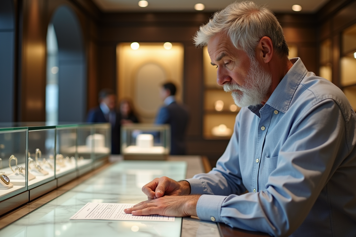 Homme vérifiant un guide de taille de bagues en bijouterie