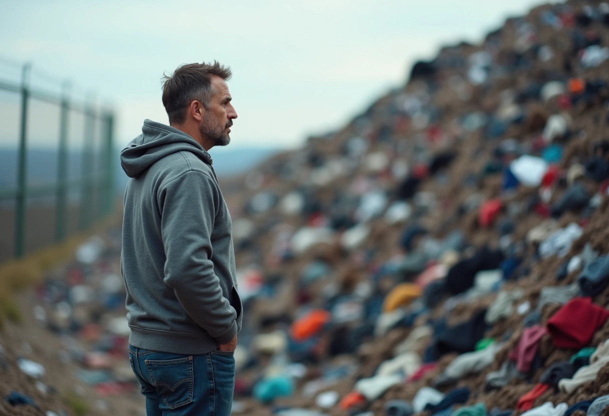 Homme regardant une montagne de vêtements jetés en décharge