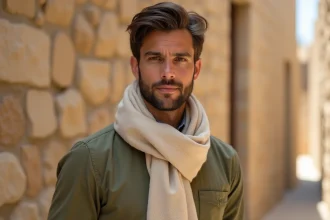Homme portant un foulard chèche beige sable drapé autour du cou devant un mur en pierre méditerranéen