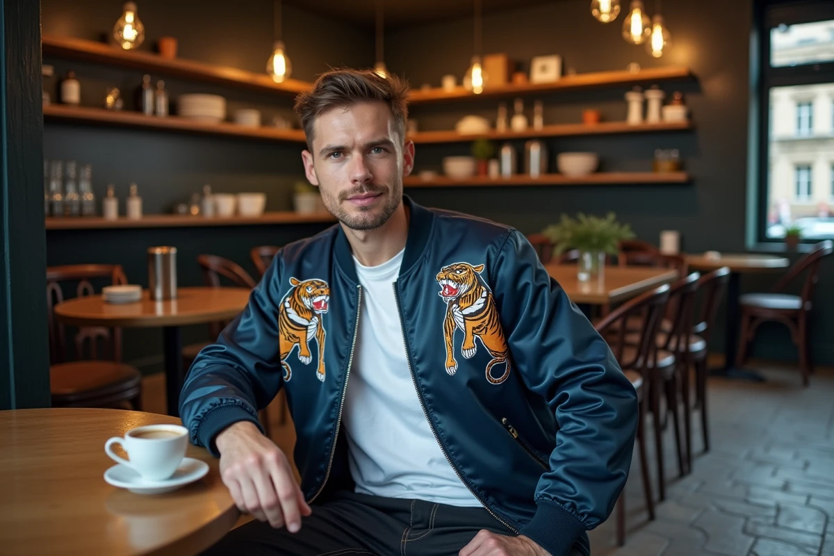 Homme assis dans un café parisien portant une jacket Souvenir bleue marine avec broderie tigre japonaise et un jean chino sombre